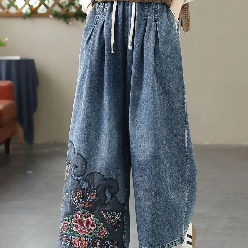 Retro Embroidered Cowboy Wide Leg Pants for Women Spring and Autumn New Style Elastic Waist Strap Jeans for Women Versatile Pant