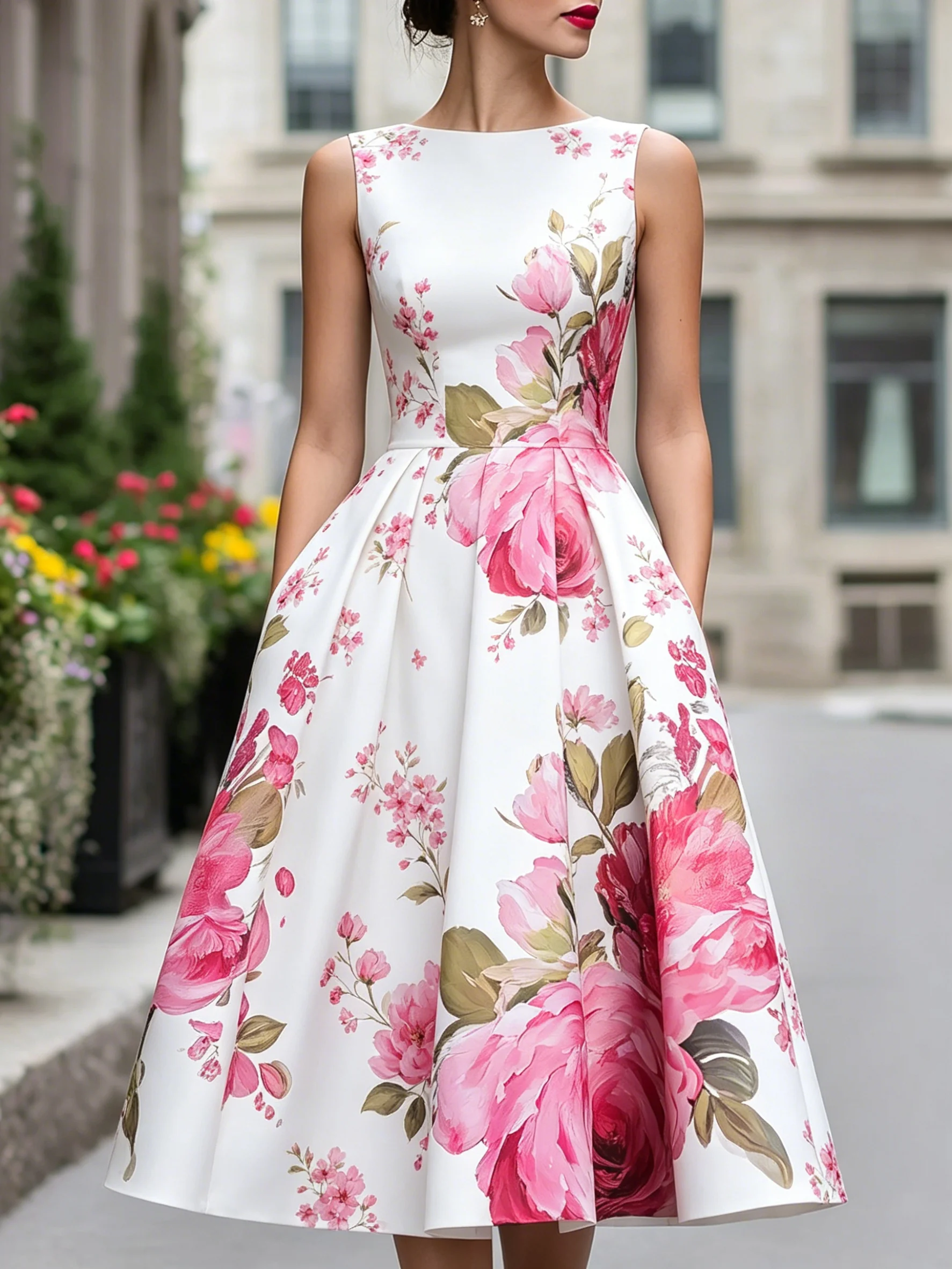 Elegantes Damenkleid mit Blumenmuster, Sexy Ärmelloses A-Linien Midikleid, Lässiges Sommerkleid, Figurbetontes Streetwear-Urlaubskleid, Trendige Kleidung