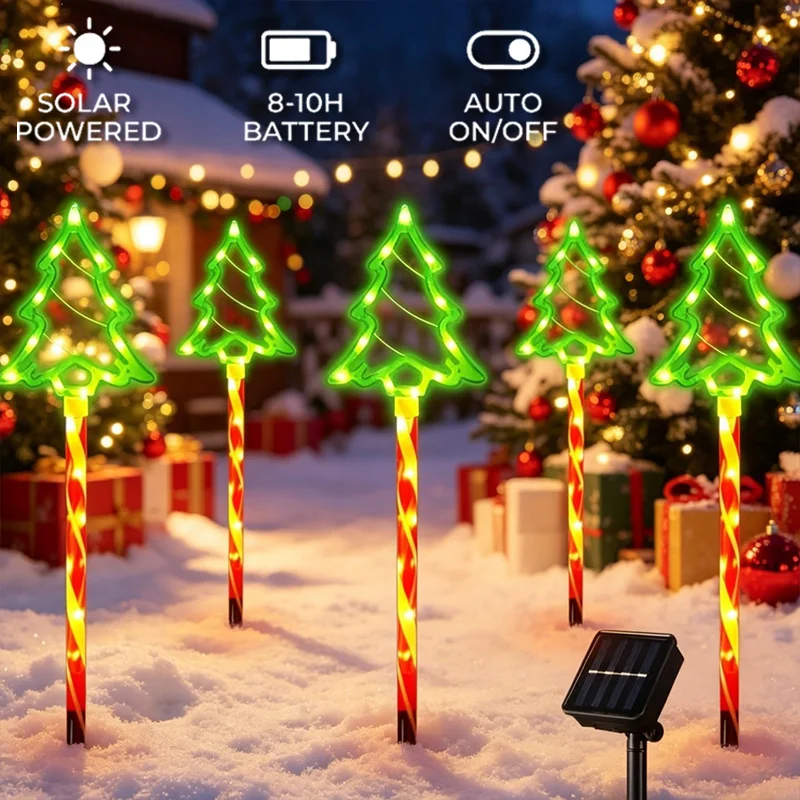5PC/Set Solar Candy Christmas Tree Stake Lights Outdoor Waterproof LED Garden Lawn Lamp Decoration for Yard Festive Party