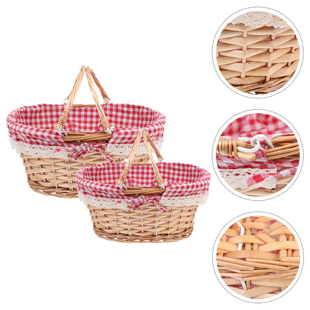 2 قطعة سلال نزهة منسوجة منظم تخزين من الخيزران المتين ديكور منزلي محمول حاوية خضروات فواكه لوازم يومية