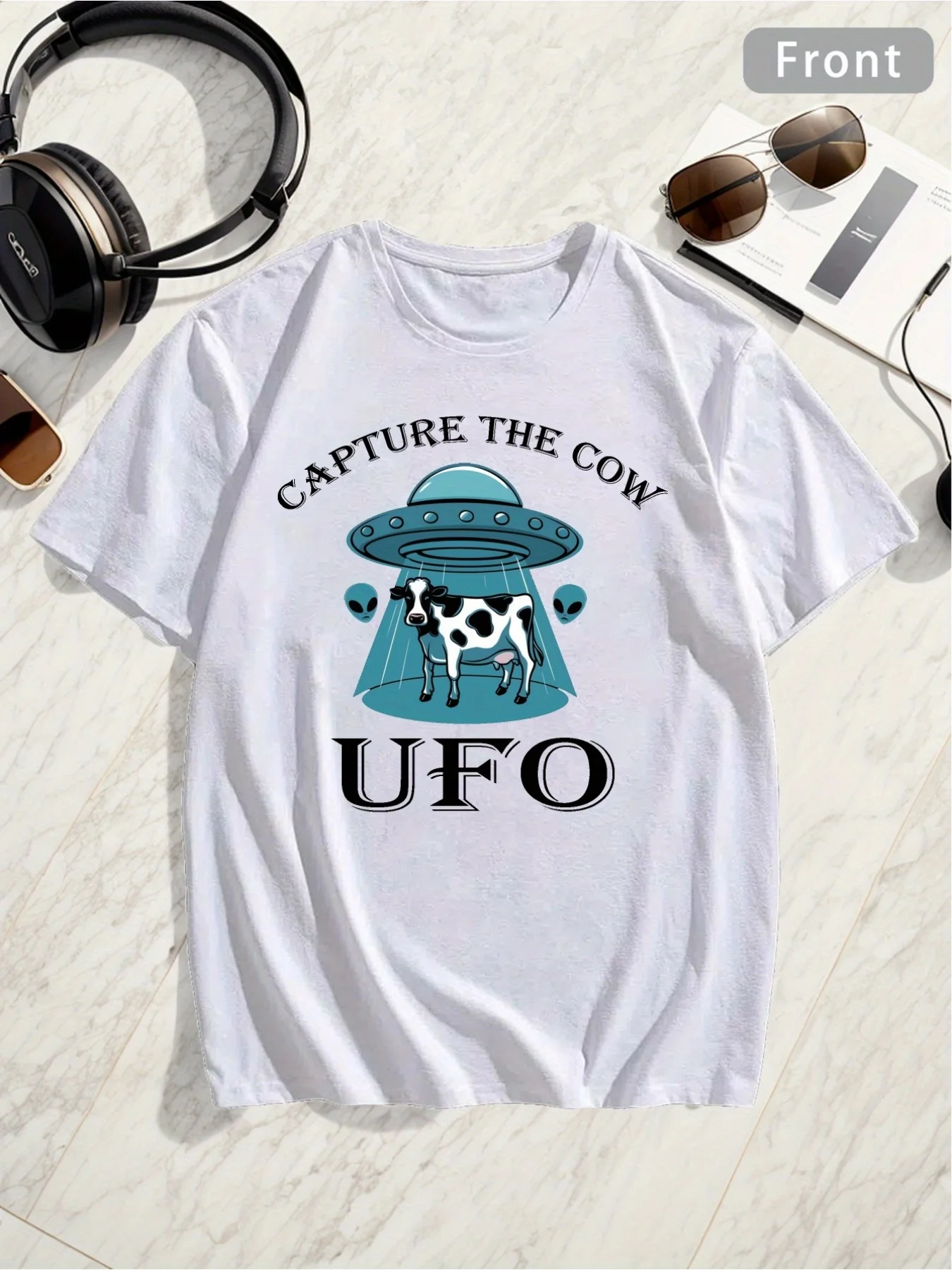 Men'S Plus Size T-shirt | Alien Kidnapping Design, Sweat-Absorbent, Breathable, Crew Neck, All-season, Casual Street Style, Regu