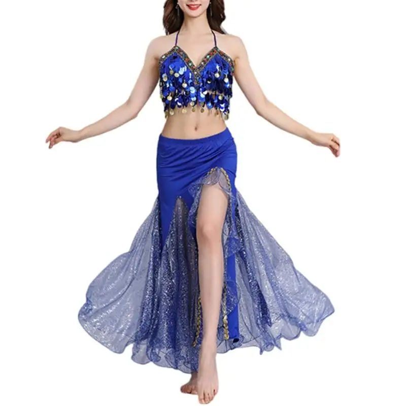 652F 黒装飾フリンジベリーダンス衣装伸縮性シフォン生地プロフェッショナルショーアンサンブル