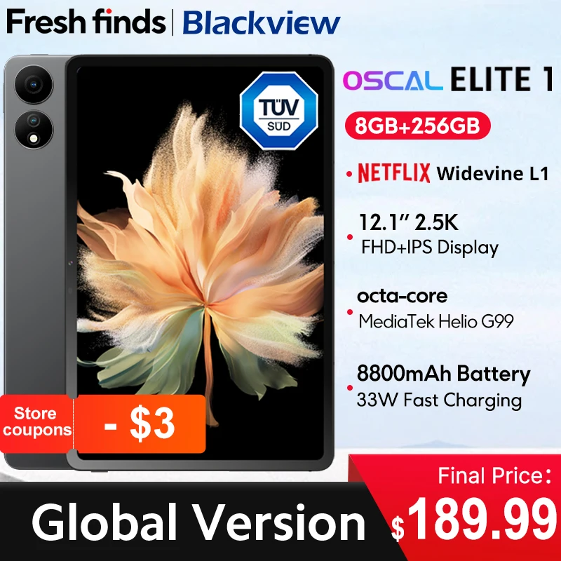 Blackview Oscal ELITE 1 태블릿, 12.1 인치, 2.5K 디스플레이, 8GB, 256GB, MTK Helio G99, 8800mAh 배터리, 33W 고속 충전, 안드로이드 패드 PC