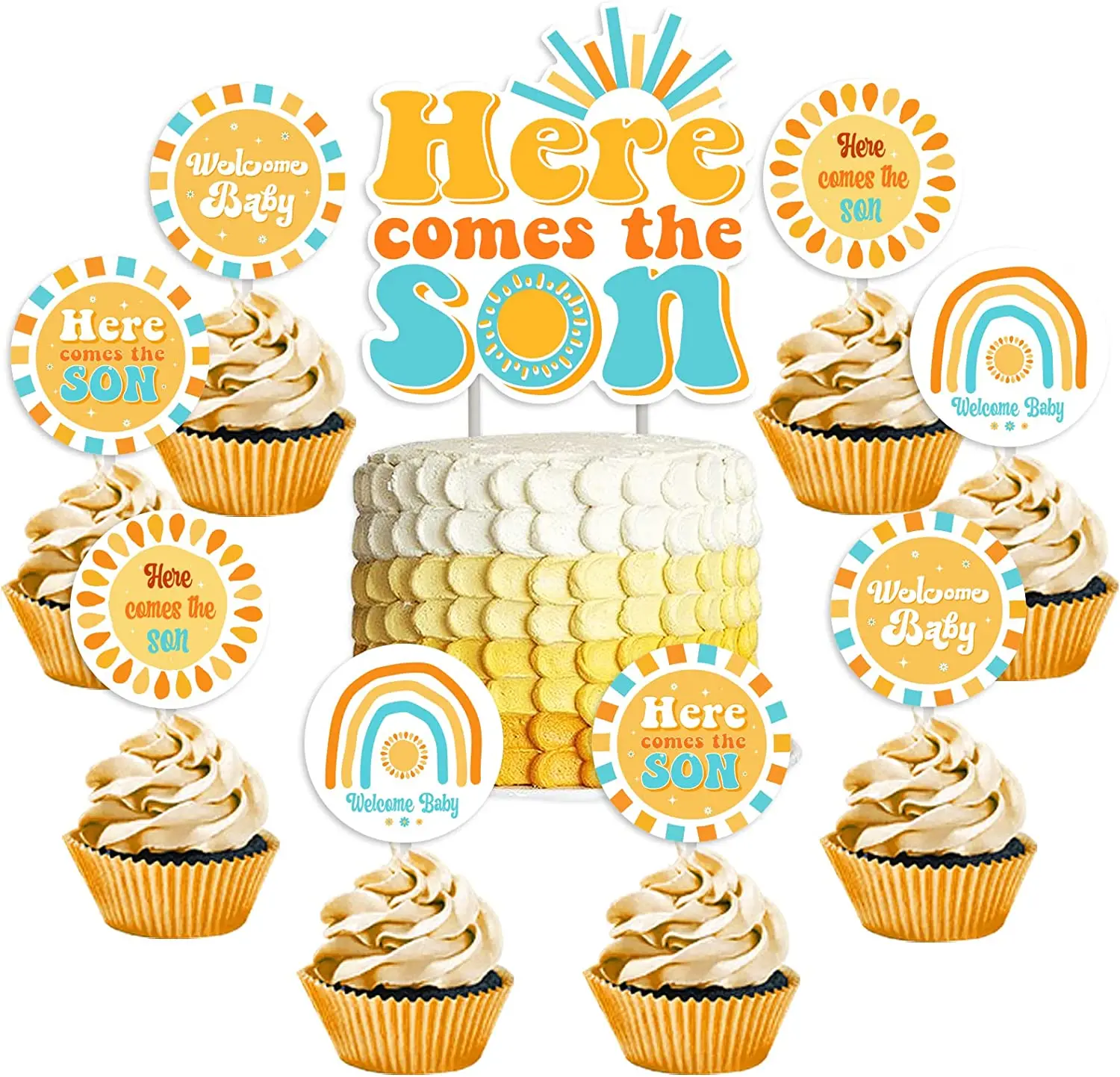 Baby Shower Decorations Cake Toppers for Boys and Girls, Welcome Baby Table Decoration, Here Comes the Son, Sunshine Theme