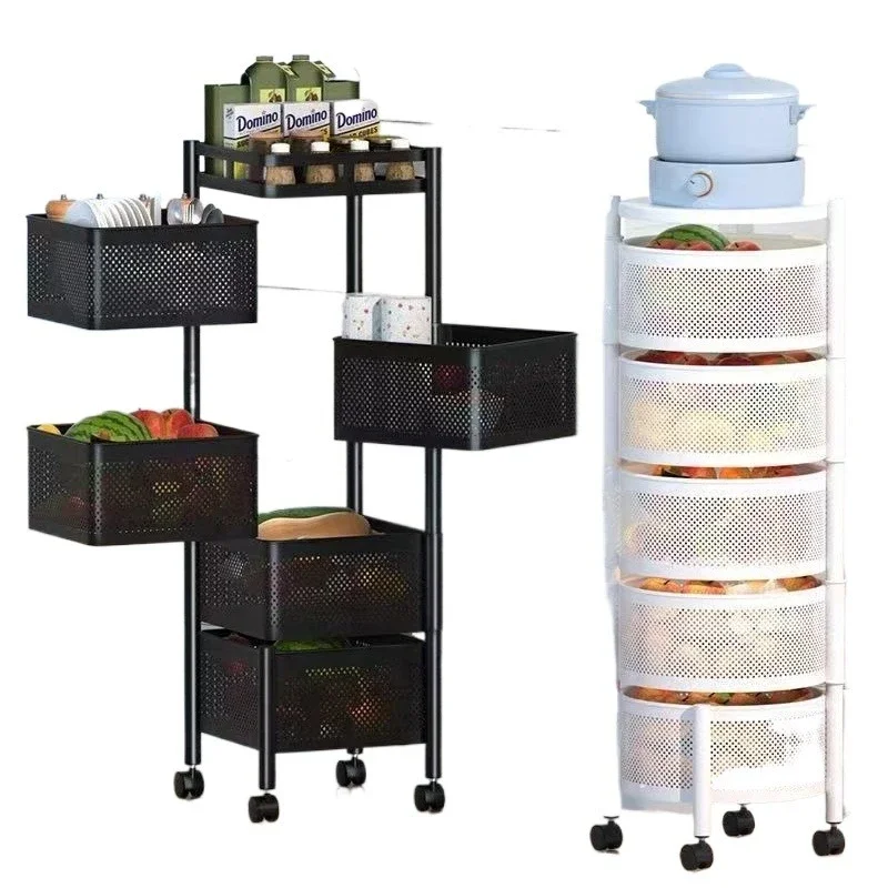 

Kitchen Rotating Shelf Multi-tiers Basket Fruit Vegetable Storage Metal Rack with Wheels