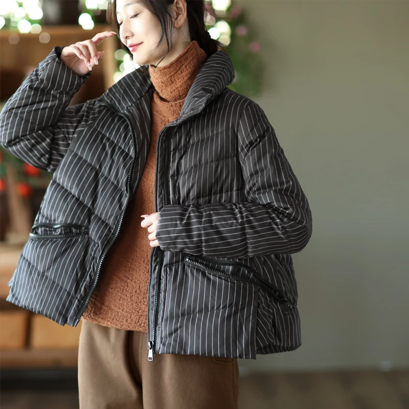 

Winter Warm 90 White Duck Down Loose Art Down Coat Striped Oblique Zipper Small Style Design Versatile Down Coat Female