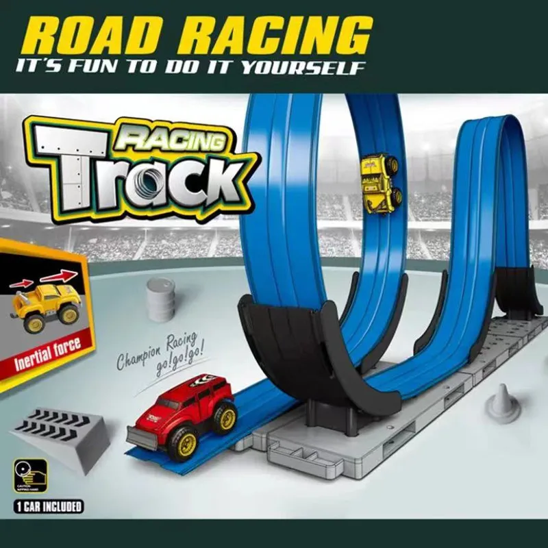 Fajny, zmontowany samochodzik na torze, napęd inercyjny, z odciągaczem, zawieszenie, nie zderza się, antygrawitacyjny, magnetyczny samochodzik na torze dla dzieci.
