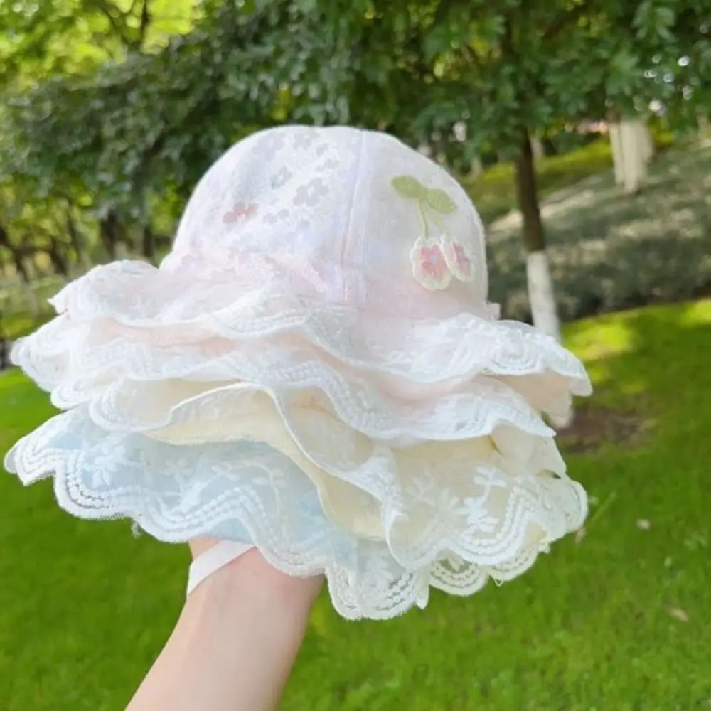 

Foldable Lightweight Baby Bucket Hat Wide Brim Thin Cute Cherry Fisherman Hat Hollow Sun Protection Lace Baby Hat Newborn Baby
