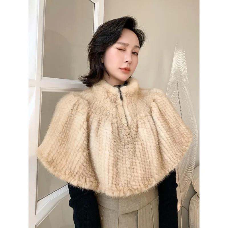 Genuine Mink Fur Shawl mink fur Poncho Women Knitted Mink Fur Cape Winter Outwear Overcoat Jackets