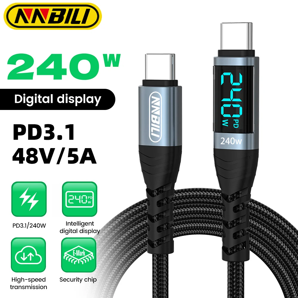 NNBILI 240W Digital Display Cable Type C to Type C Fast Charging Cable USB C Data Cord For iPhone 15 16 Pro Samsung iPad Laptop