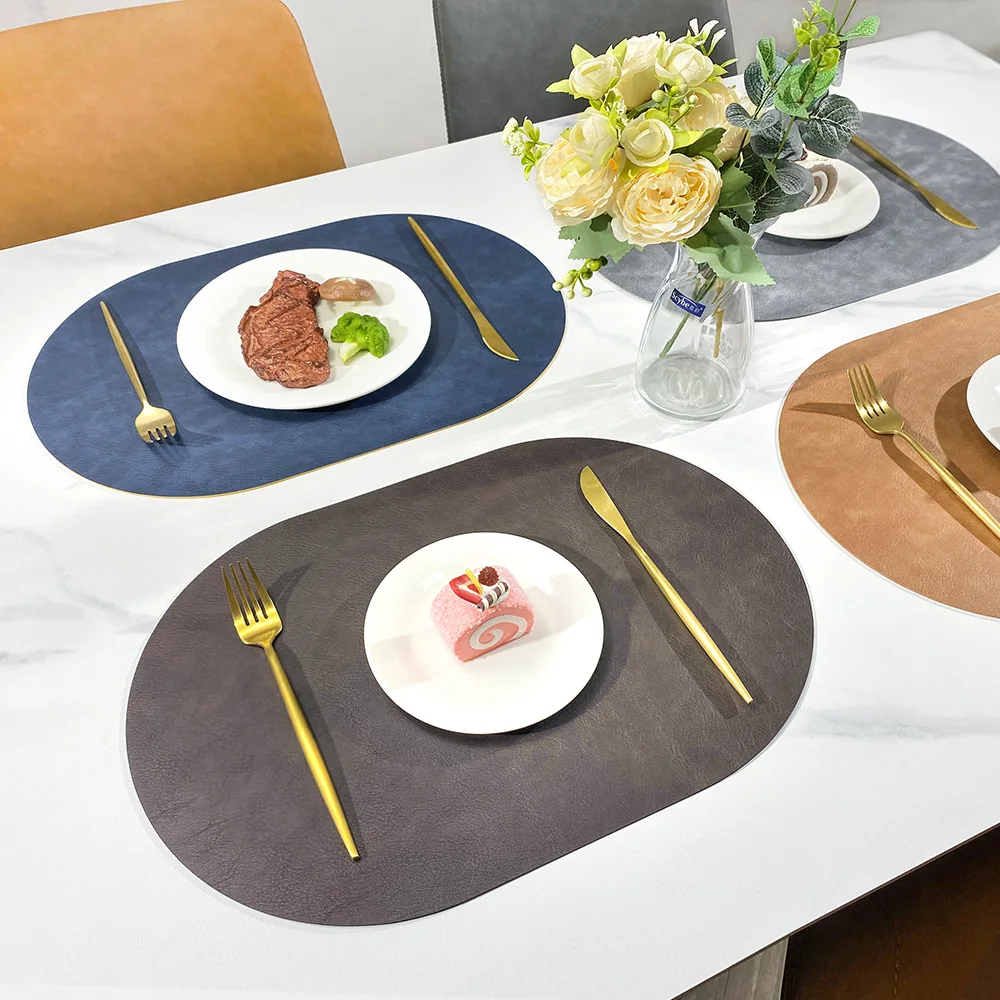 6/4pcs Oval PU Leather Placemat Double Sided Cowhide Patterned Nordic Style Hotel Home Coffee Dining Table Decor Mat Coaster