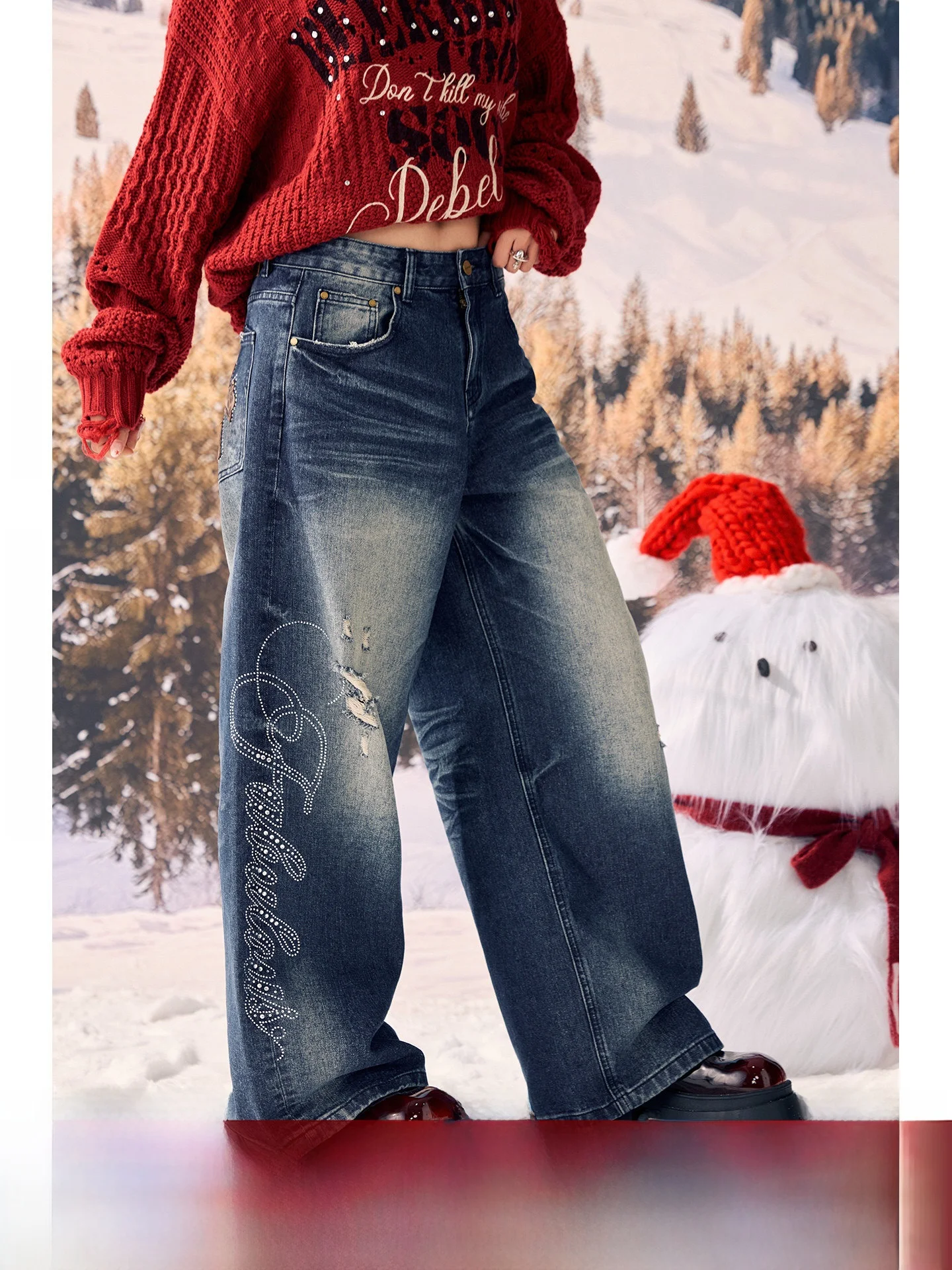 

Rebellious Holiday BeerBro Vintage Waed Rhinestone Cross Patchwork Loose Straight Leg Jeans Low Waist Cotton Blend Casual J...