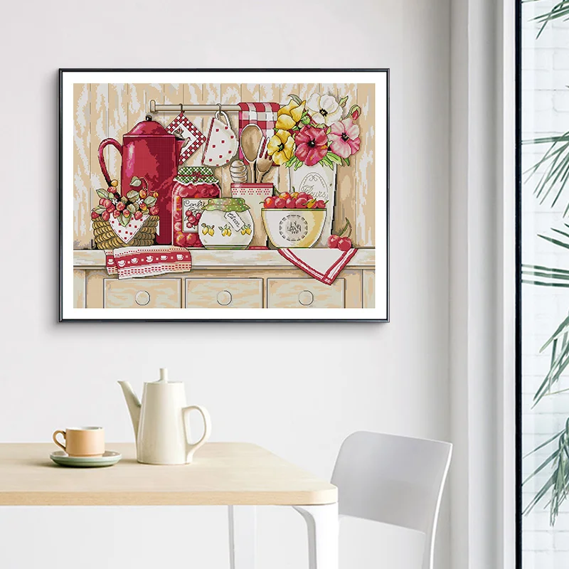 

Вышивка крестом ручной работы в современном простом стиле, настенное украшение для кухни и столовой, хлопковая ткань, цветочный узор, белый цвет