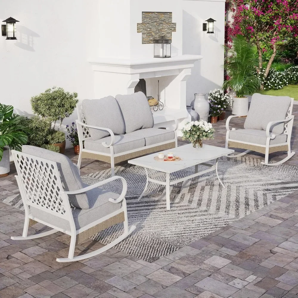 

4 Piece Metal Outdoor Patio Furniture Set, Patio Conversation Sets 2-Seater Sofa, 2 Single Sofa and Coffee Table