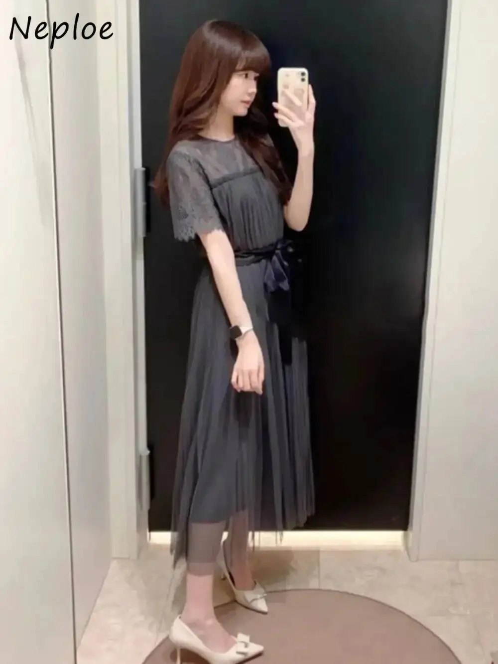 

2025 Summer New Sweet Dress Patchwork Half Sleeve Mesh Slim Waist Robe Japan Elegant Lace Up Moda Vestidos