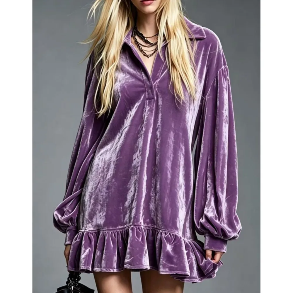 Casual Loose Splicing Ruffled Hem Female Vacation Short Skirt Autumn New Fashion Velvet Lantern Long Sleeve Lapel Women's Dress