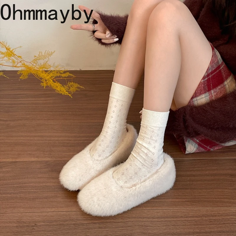 أحذية نسائية مسطحة من القطن الدافئ من الفرو مريحة ونعل ناعم قصير من القطيفة أحذية ماري جين للارتفاع الداخلي في الهواء الطلق أحذية شتوية سهلة الارتداء
