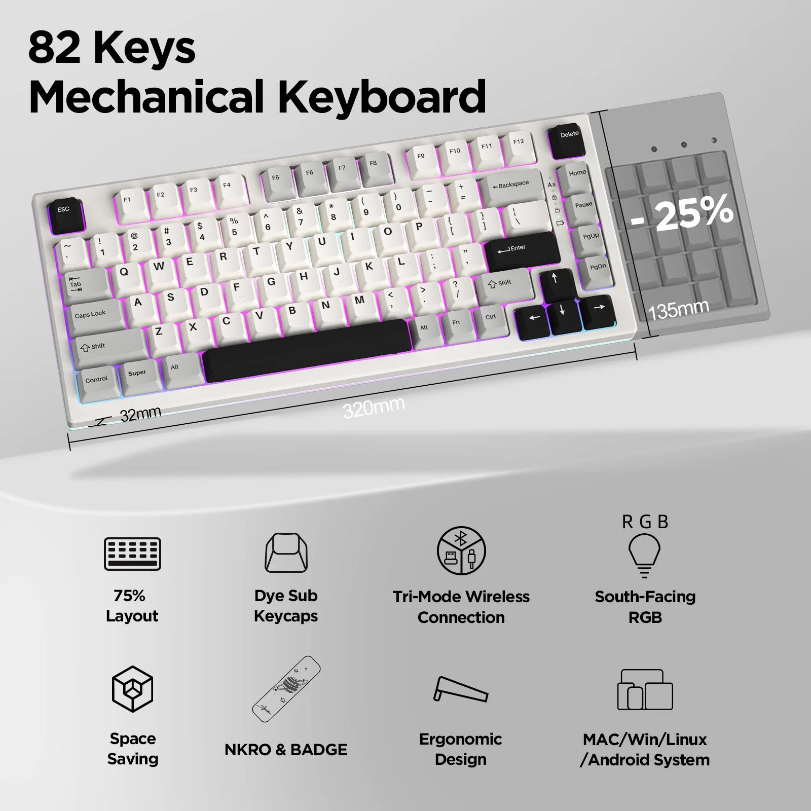 Imagem -04 - Pro Teclado Mecânico sem Fio Branco 75 Hot Swappable Rgb Backlights bt 5.0 2.4g Usb-c Linux Win Mac Yunzii-yz75