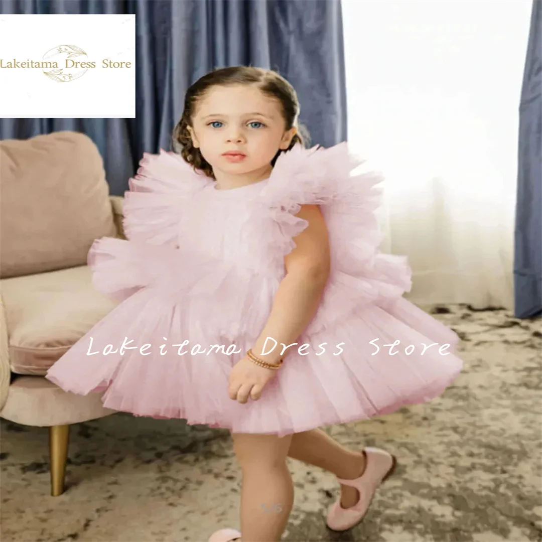 Rosa Blumen mädchen Kleider Tüll Rüschen Baby Kinder Geburtstag Hochzeit Party Kleid knielang abgestufte Erstkommunion Ballkleid