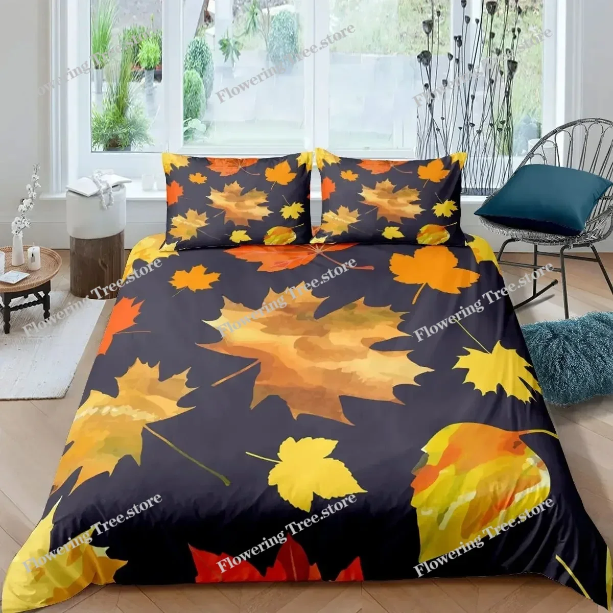 Maple Leaves Duvet Cover Set Colorful Autumn Season Maple Leaves In Unusual Designs Nature Print King Size Bedding Set