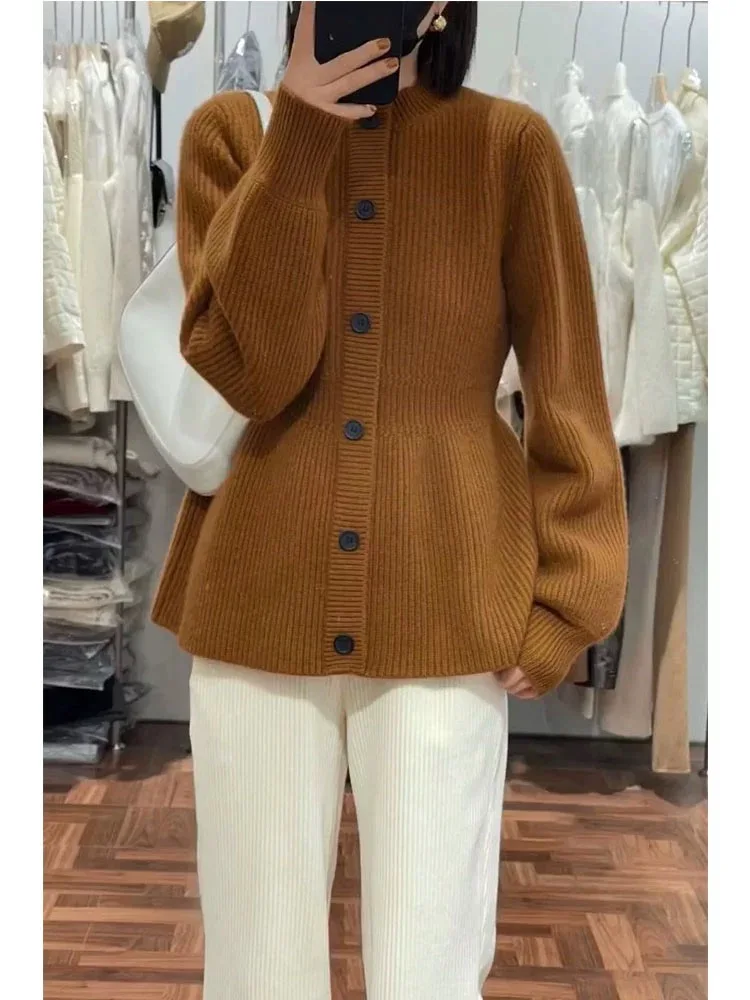 100% pure cashmere cardigan women's round neck solid color knitted coat loose woolen sweater Korean version of all-match sweater