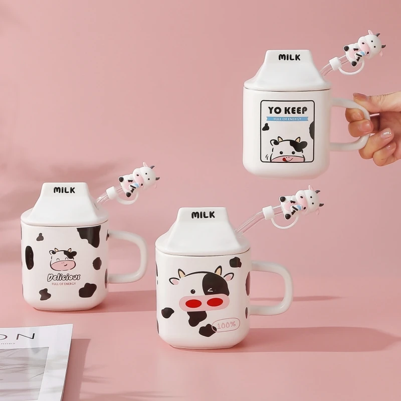 New Arrival Cute Cow Ceramic Coffee Mug With Lid And Straw Creative Milk Coffee Cup Wonderful Gift For Girls Drinkware Wholesale