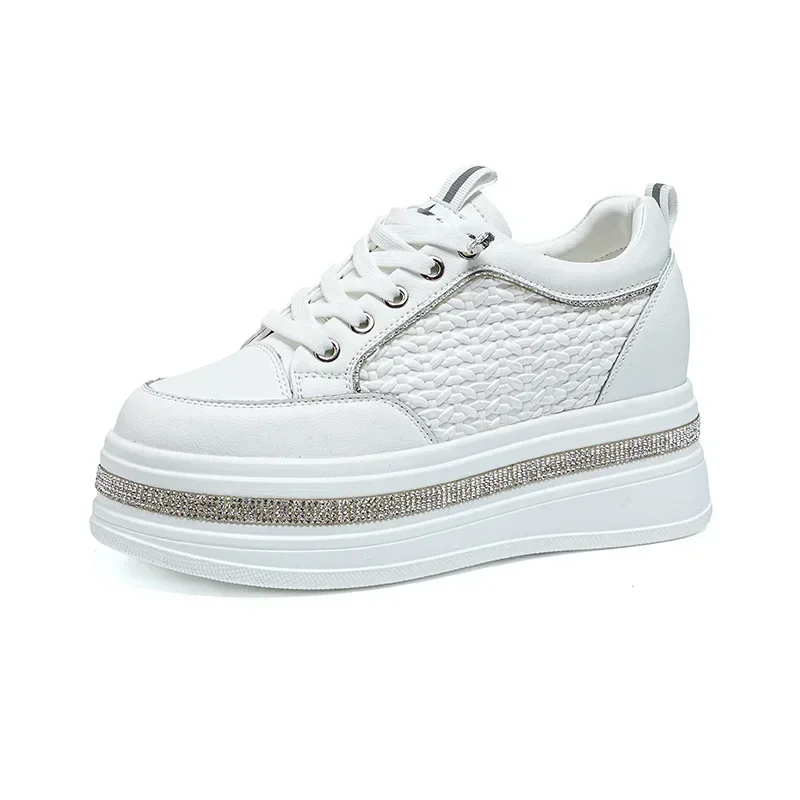 Zapatos blancos de cuero genuino de 7,5 cm, calzado informal para mujer, zapatillas blancas con plataforma para mujer, zapatillas de moda, calzado para caminar.