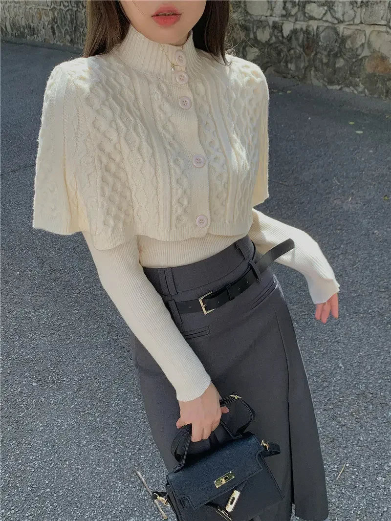 Set 2 Potong Kardigan Turtleneck Pulover Lengan Panjang Wanita Pakaian Musim Gugur Solid Elegan Pakaian Rajut Fashion Korea Wanita Minimalis