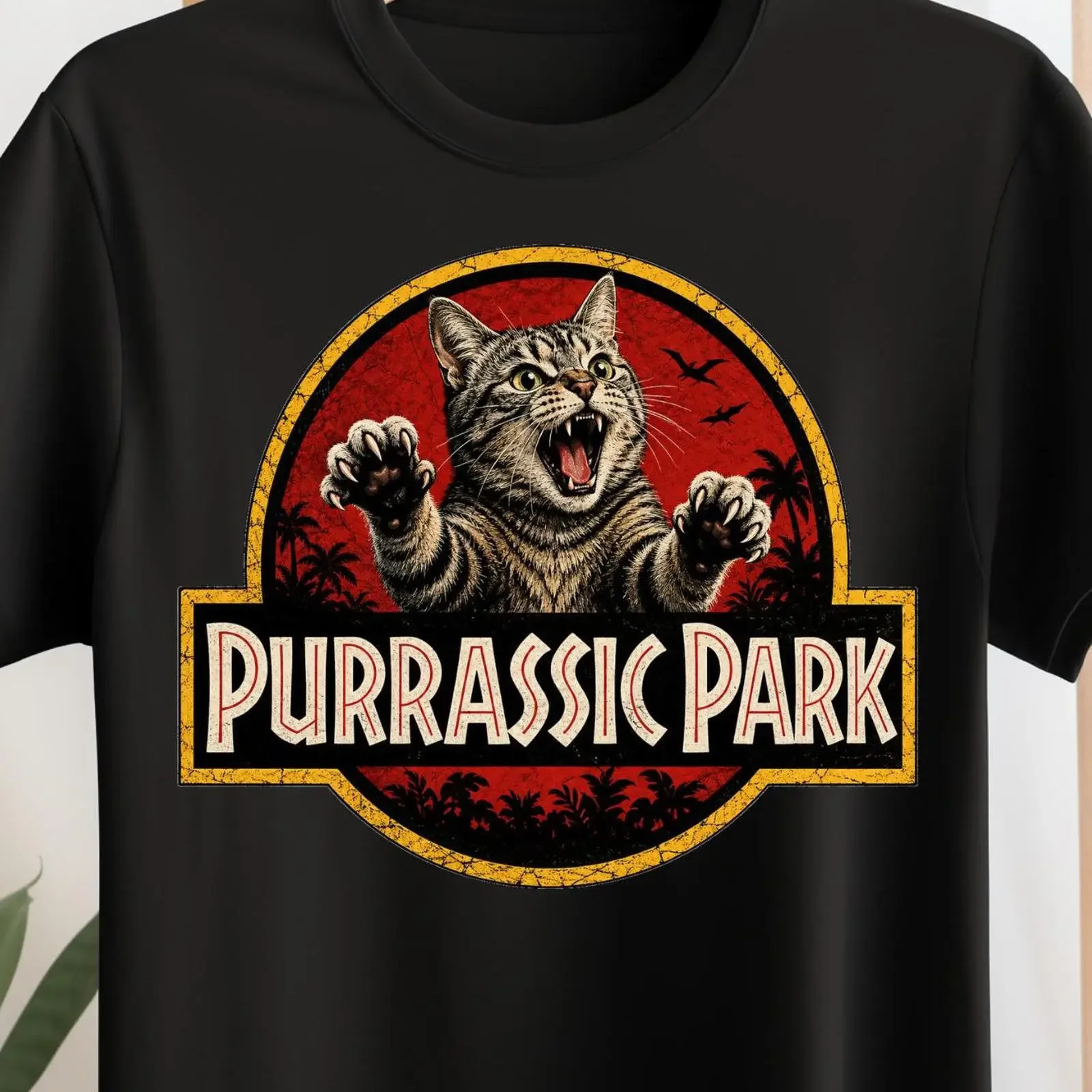 Purrassic Park T Shirt Funny Jurassic Parody Cat Lover Apparel Vintage Retro  vintage Washed streetwear Stretched graphic