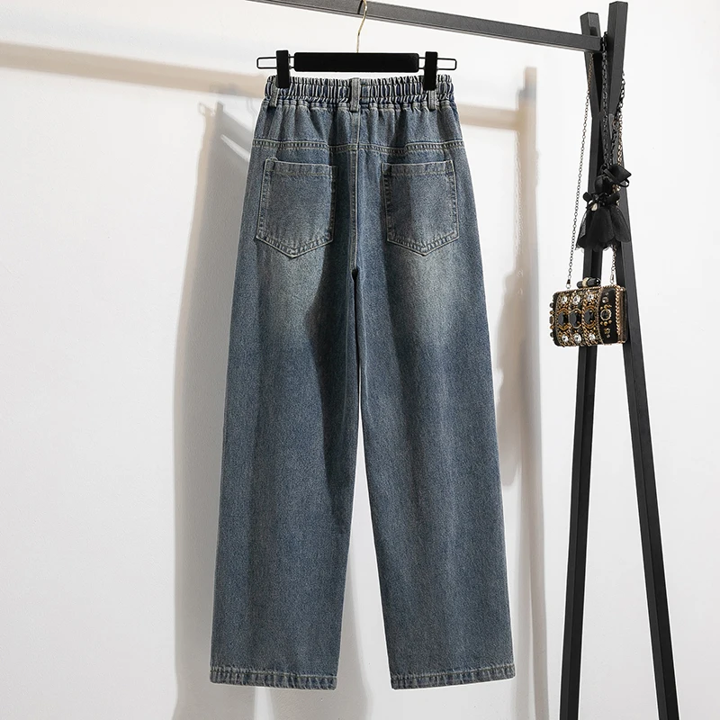 

High Waist Loose Fit Wide Leg Jeans Women's plus Size Cotton Elastic Waist Dstring Slimming Denim Trousers Autumn Sle