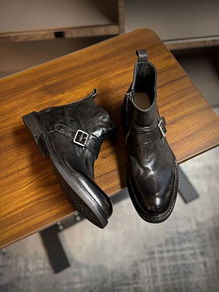 Britain Style Horsehide Genuine Leather Chelsea Boots Male Vintage Zipper Work High Top Cargo Shoes Mens Motorcycle Ankle Boots
