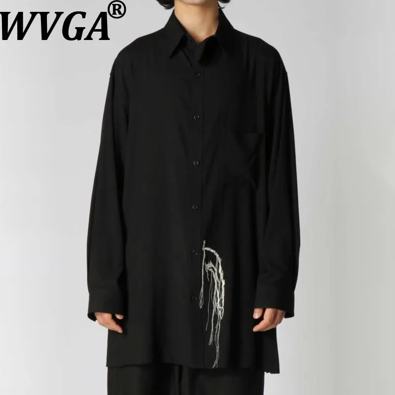 

WVGA Spring Autumn New Man Tide Long Sleeved Shirts Tassel Embroidery Trendy Design Niche Chic Casual Mid-Length Tops Ins W12241