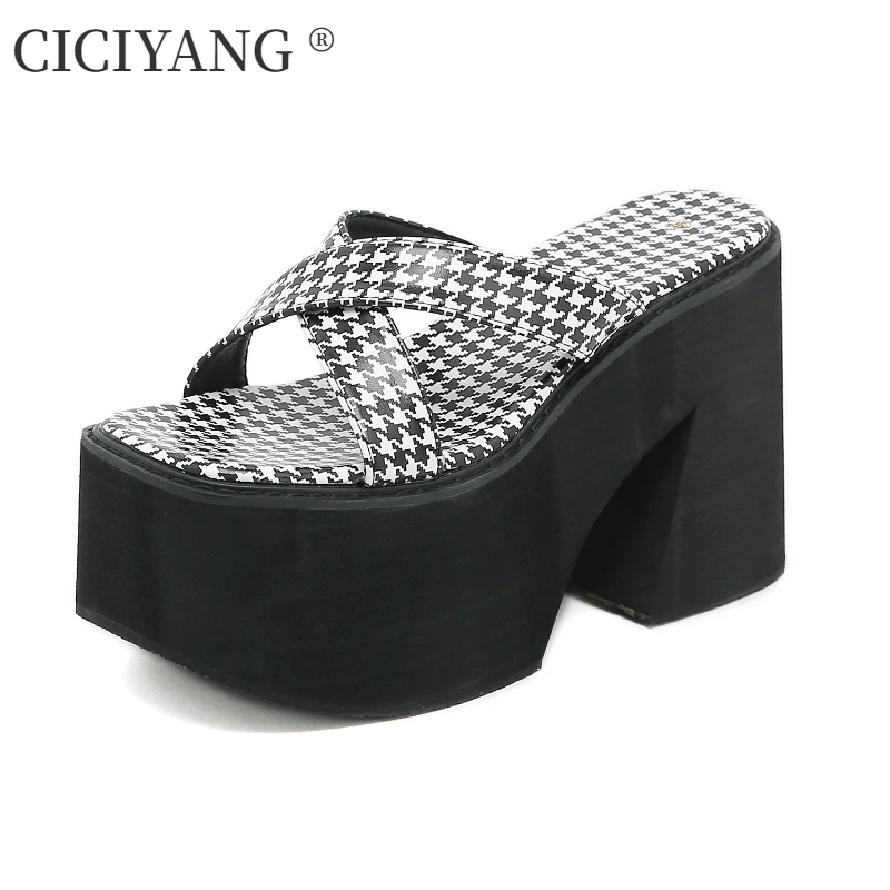 CICIYANG Woman Platform Slippers Summer 2024 New 11.5cm Super High Heels Cross Ladies Outdoors Slippers Grid Sandals Handmade