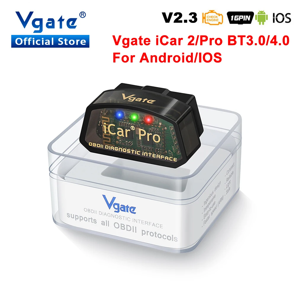 Vgate-escáner de diagnóstico de coche, lector de código automático con Bluetooth 4,0, para Android/IOS, OBD 2 iCar2, adaptador OBDII, ELM327 v2.3