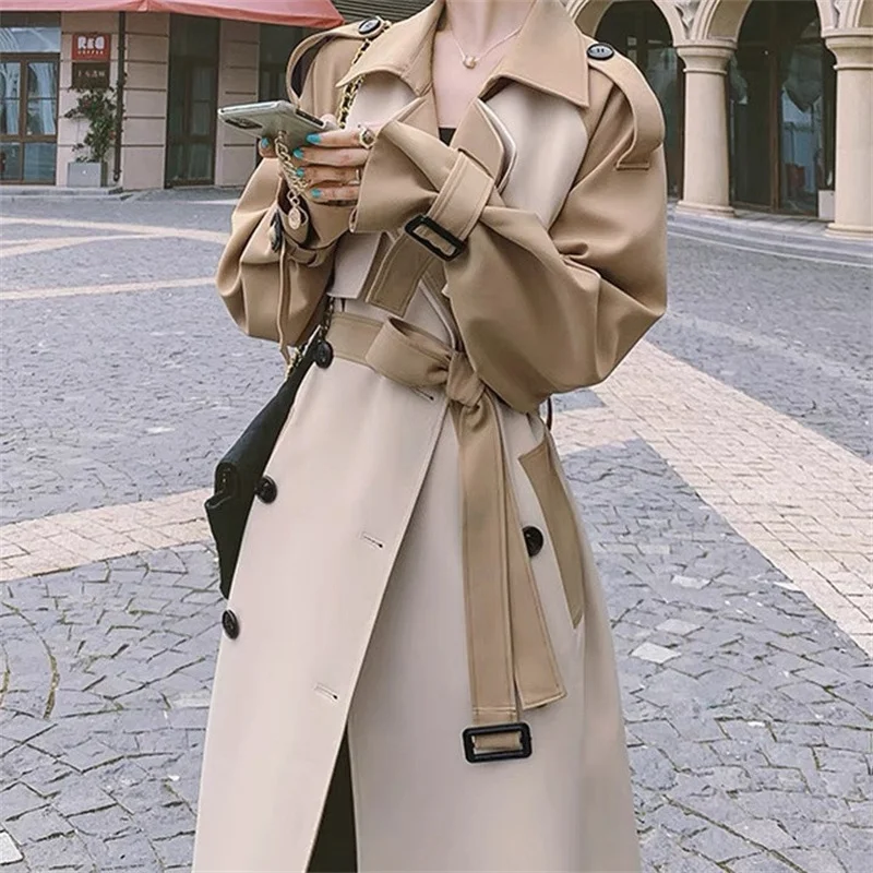 Fashion Temperament Windbreaker Women's Mid length 2026 Autumn New Slim Contrasting color Splicing Knee high Coats With belt