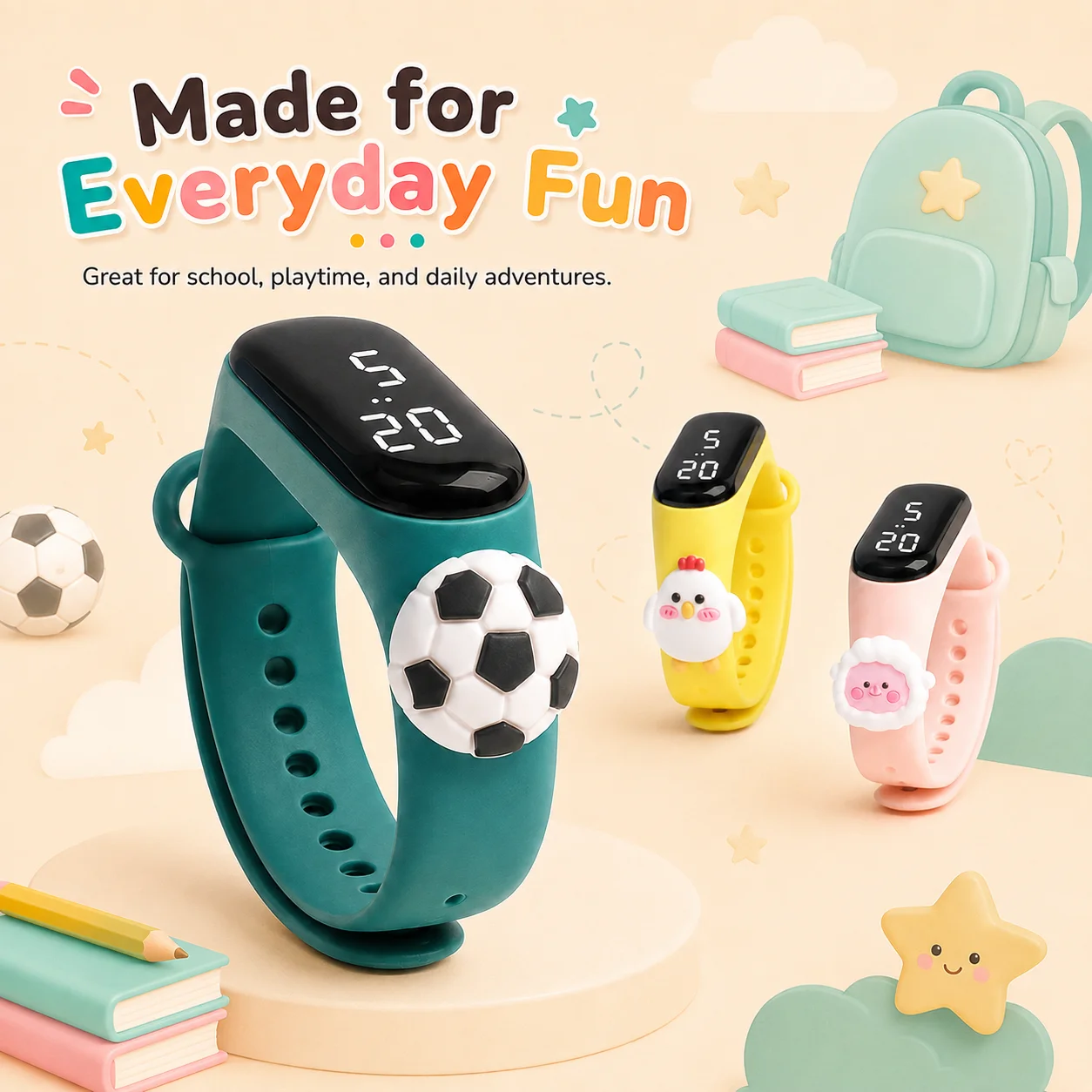 Kids' Cartoon LED Digital Watch, with 3D Fun Chick Football Decoration, Adjustable Multi-hole Strap
