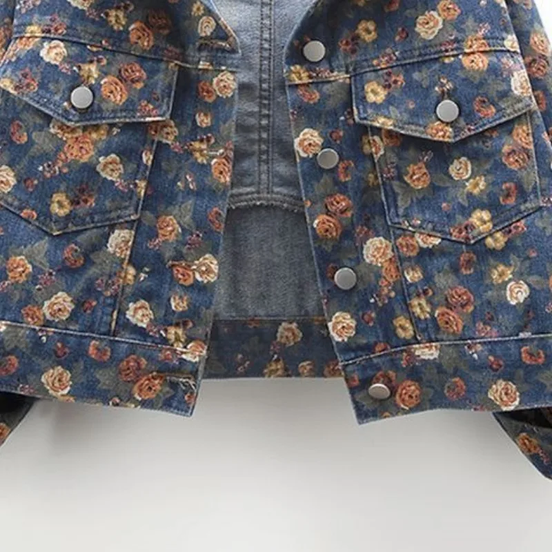 Women's Spring Autumn Tops Jacket Cowboy Printed Short Vintage Simple Loose Leisure Design Fashion Advanced Soft Niche Skinny