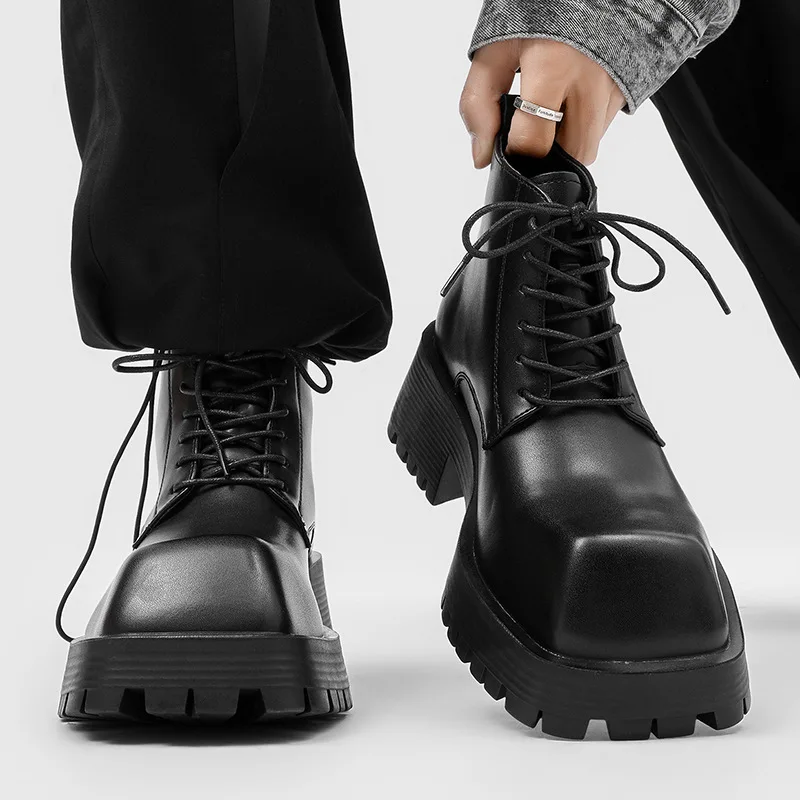 

men fashion punk stage original leather boots designer square toe shoes cowboy autumn winer boot cool platform ankle botas mans