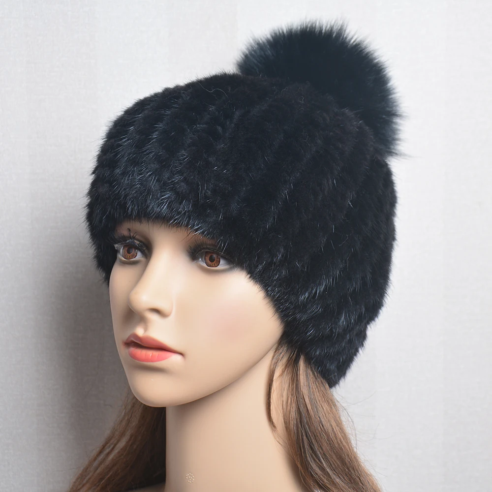 Winter Women Natural Mink Fur Hat Hand Knitted Warm 100% Genuine Mink Fur Cap Russia Lady Real Mink Fur And Fox Fur Pompoms Hats