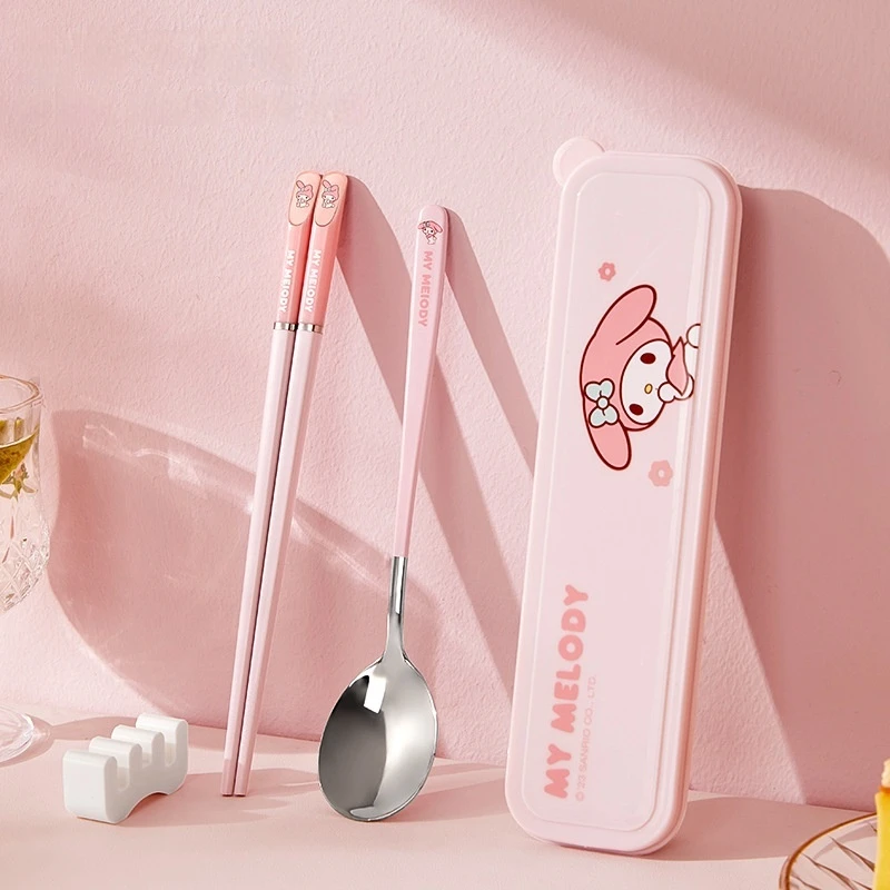 Sanrio Kawaii benim melodi çubuklarını ve kaşık seti kız Anime Cinnamoroll Hello Kitty tatlı sofra saklama kutusu hediyeler çocuklar için