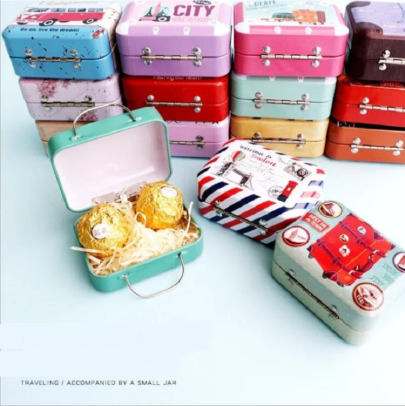 1pc New Random Vintage Travel Small Suitcase Storage Tin Candy Box Sealed Jar Jewelry Earrings Coins Metal Storage Organizer