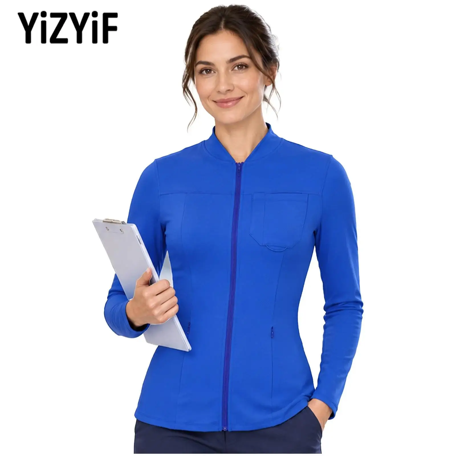 Women Yoga Scrub Jacket Tops Long Sleeve Zipper Front Top Outerwear with Pockets for Casual Daily Life Sports Medical Care Wear