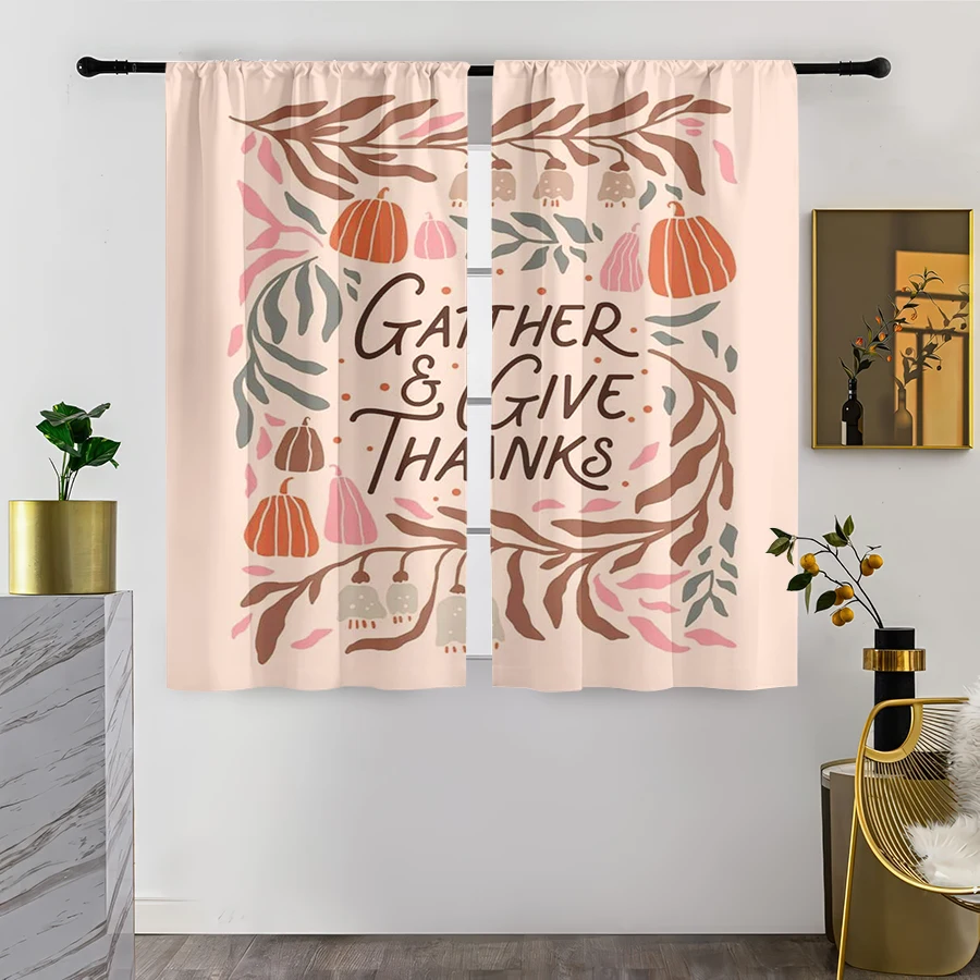 2PCS Digital Print Curtain, Gather Give Thanks Quote Pumpkins, Pink Thanksgiving Rustic Style for Living Room Bedroom Decor