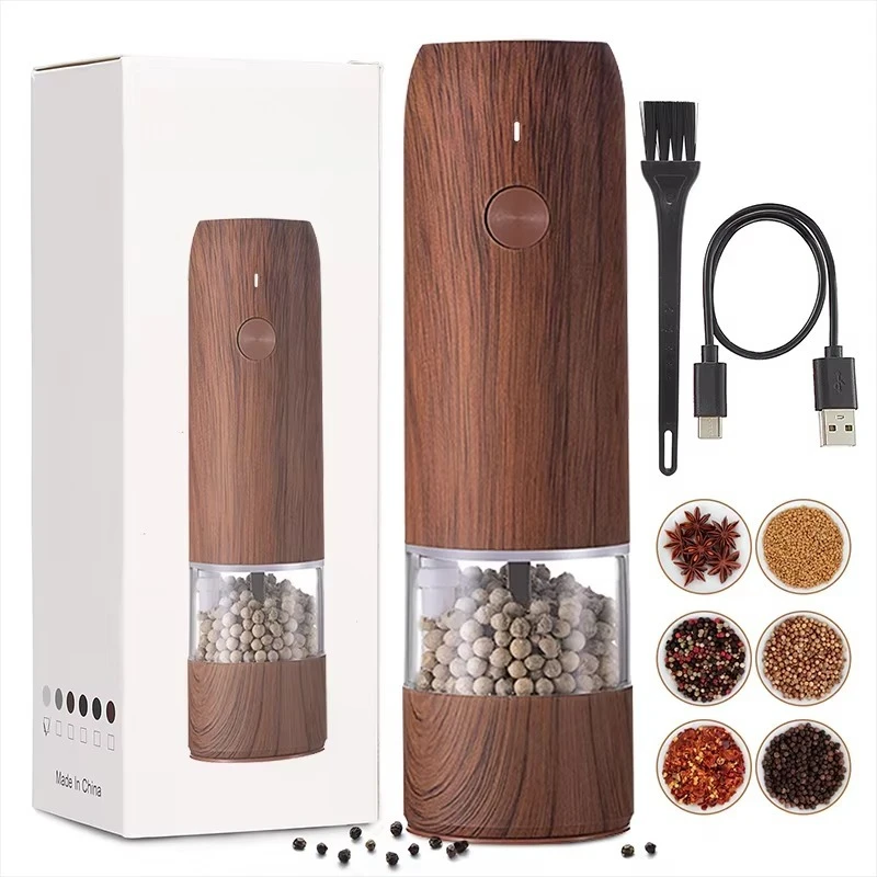 Eco-friendly electric pepper grinder USB rechargeable wood grain automatic salt and pepper grinder