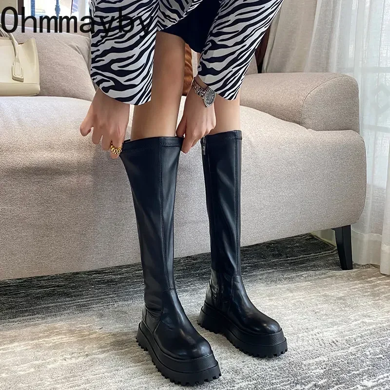 Botas Altas para Joelho com Plataforma Grossa para Mulheres, Salto Longo, Dedo Redondo, Zíper, Sola Grossa, Moda Feminina, Inverno, 2022