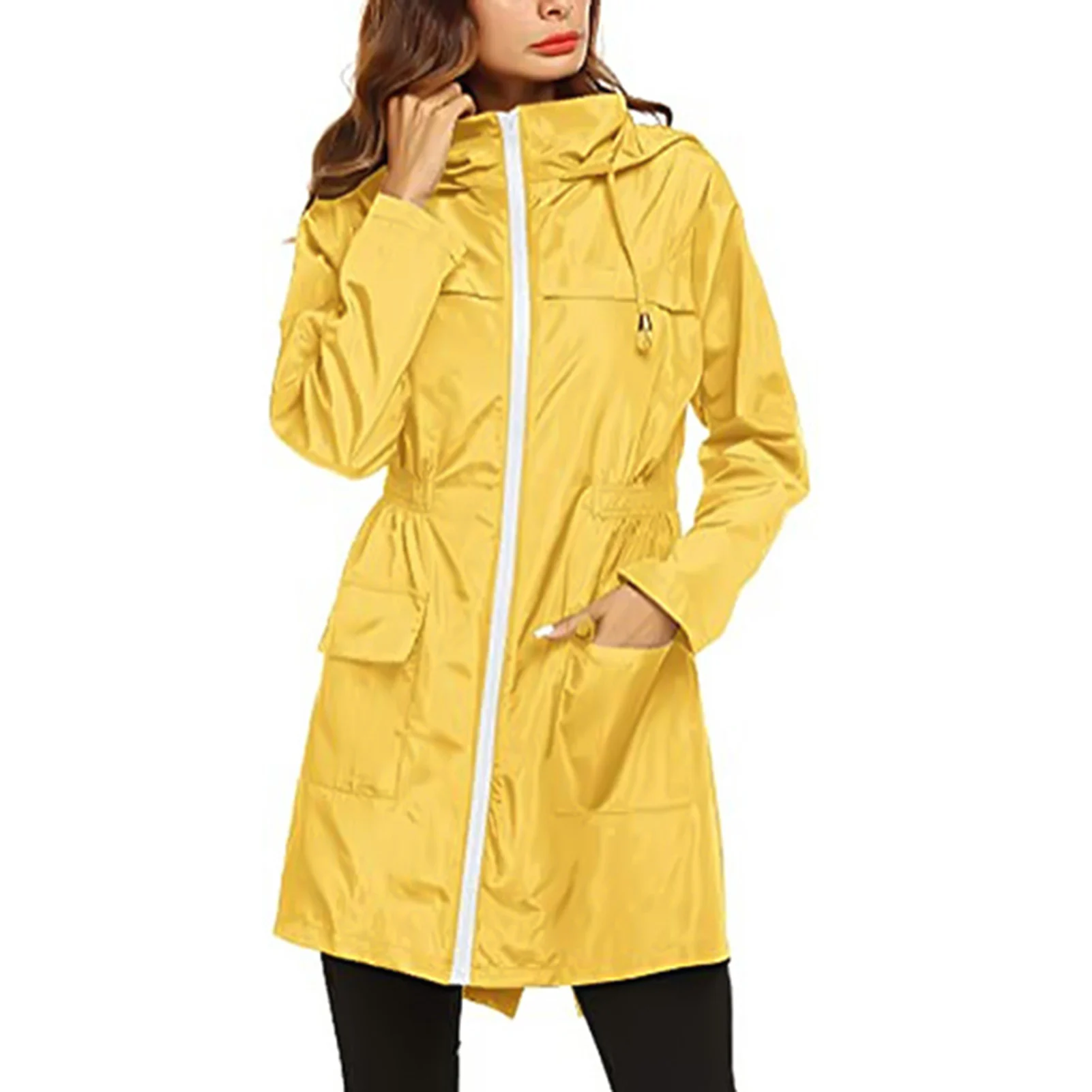 

Women's Hooded Jacket Coat Hip Length Lightweight Soft Shell Windbreaker With Pockets Thin Raincoat For Hiking Travel