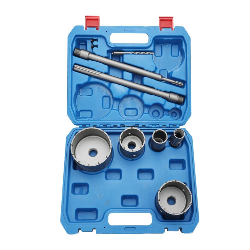 9Pc Wall Opener Set 30/40/65/80/100mm Hard Alloy Drill Bit With 300mm SDS PLUS/MAX Link Concrete Brick Wall Drilling