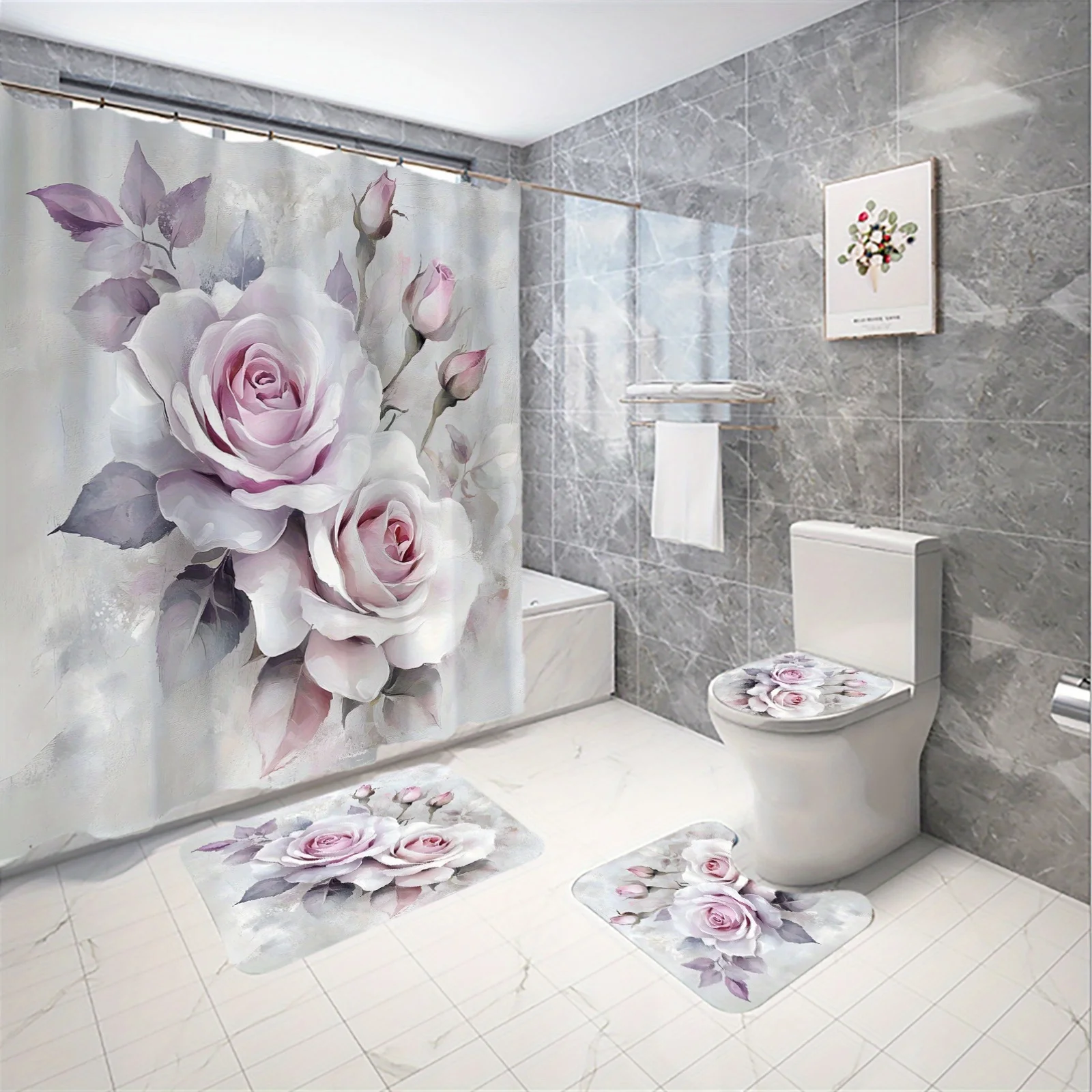 

4pc Light purple rose patterned bathroom set, shower curtain, U-shaped mat, non-slip mat, toilet seat cover.