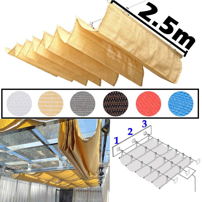 Width2.5m Telescopic Sunshade Net Yard Pergolas UV Resistant Shade Fabric Outdoor Awning With Installation Kit Pool Shading Sail