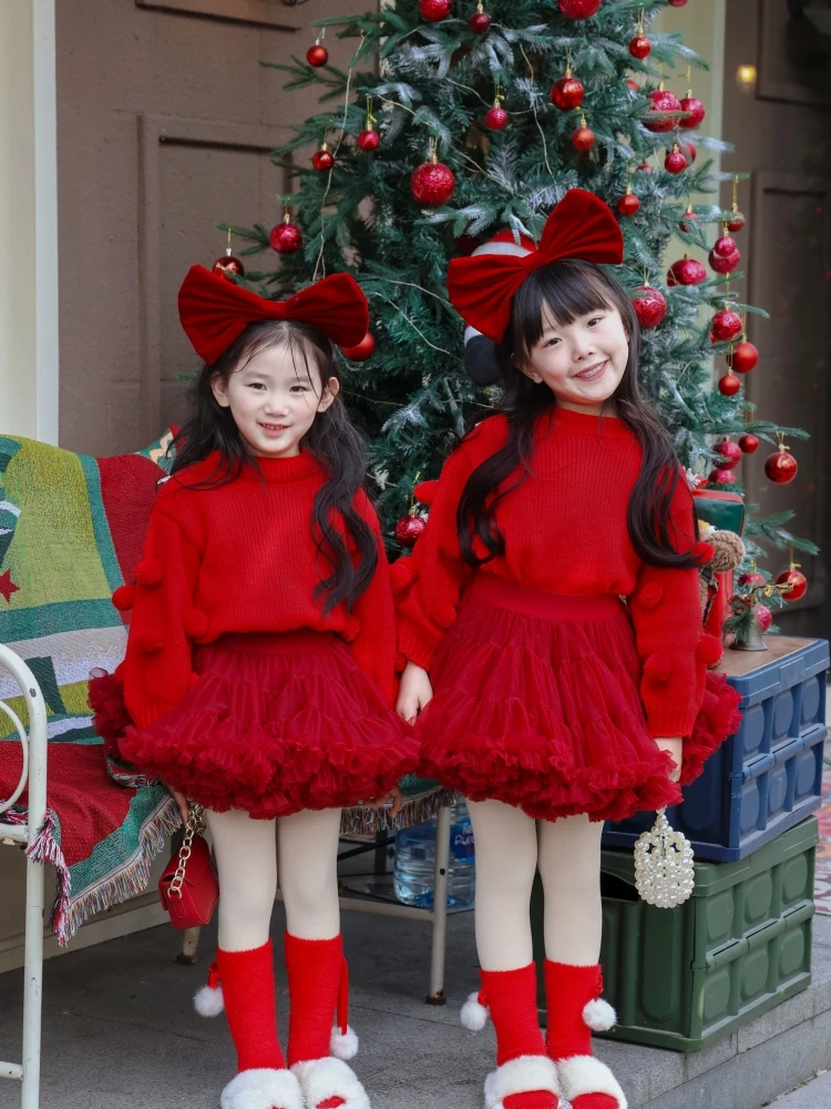 韓国風厚手ラウンドネックプルオーバーセーター女の子用子供用新年赤いチュールスカートお揃いトップス女児用